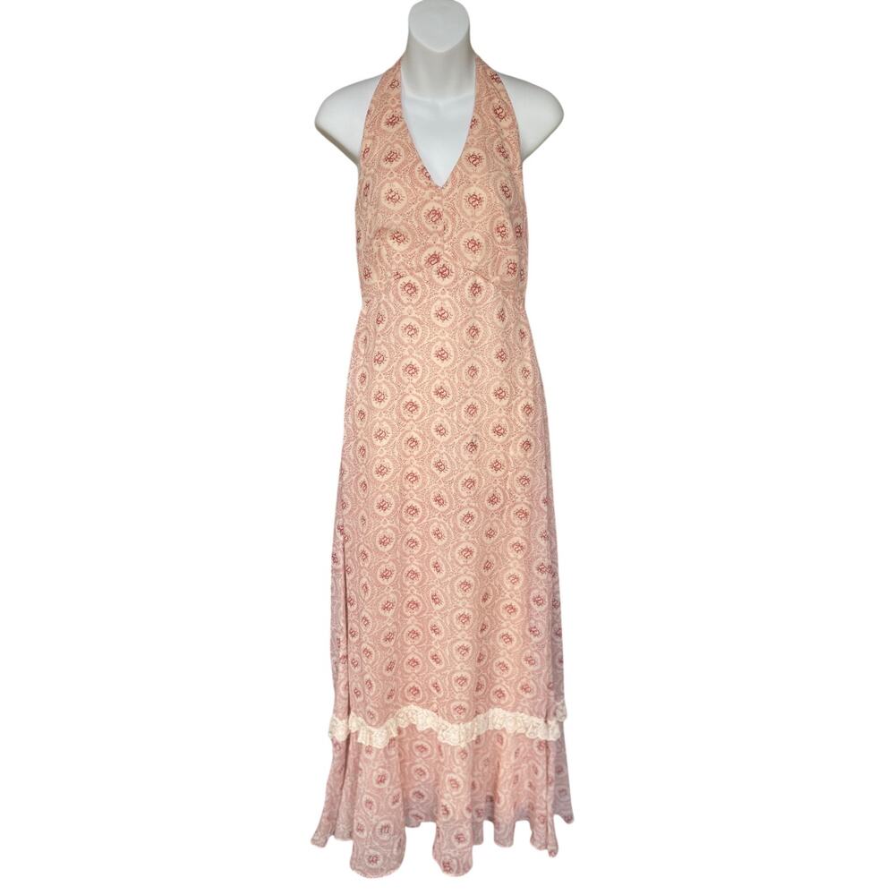 Vtg 70s Boho Handmade 2-Piece Pink Floral Halter Maxi Dress & Bolero Set XS OOAK - Picture 2 of 15